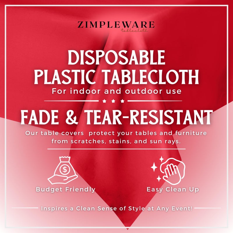 ZIMPLEWARE Premium Red Plastic Table Cloth Disposable (12 Pk) Plastic Tablecloths for Rectangle Tables (54in x 108in) Party Table Cloths Disposable for 6ft to 8ft Rectangle Tables - Image 2